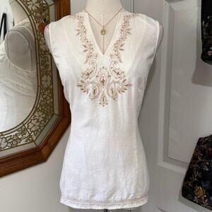 Y2K Josephine Chaus Ivory 100% Linen Tan Boho Embroidered Beaded Tank Top